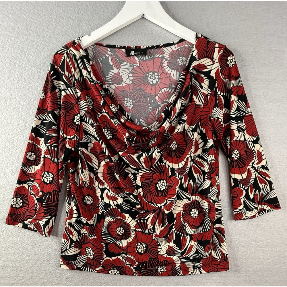 Vtg AB Studios Cowl Neck Top Womens Sz L Stretch Red Floral Y2K Whimsigoth Fairy